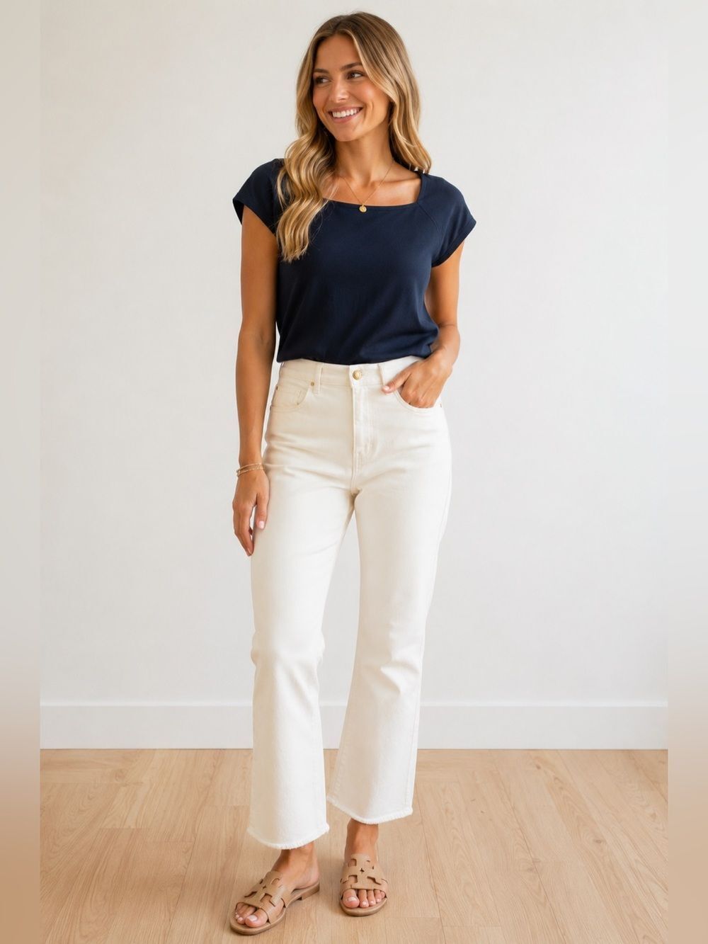 St. John White Stretch Denim Jeans Luxe Straight Leg Gold Logo Hardware